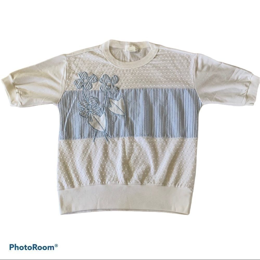 Vintage 1970s D.K. Gold Seersucker Patchwork Top – Blue & White – Size PM - Picture 2 of 11